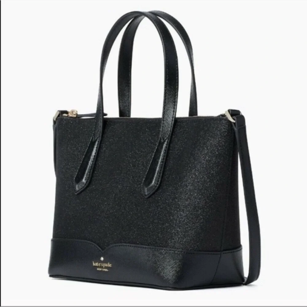 Kate Spade New York Black Glitter Satchel Tote with Crossbody Strap NWT